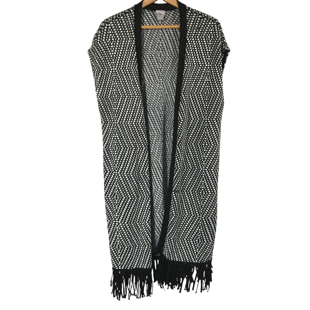 Chicos Black White Geometric‎ Print Open Front Fringe Cardigan Vest Sweater  L